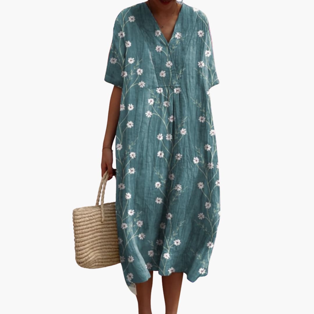 Floral Midi Party Dress with V-Neck and Short Sleeves