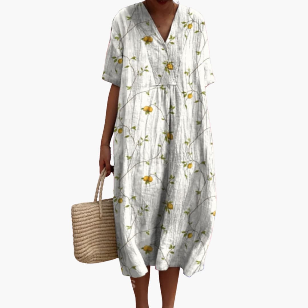 Floral Midi Party Dress with V-Neck and Short Sleeves