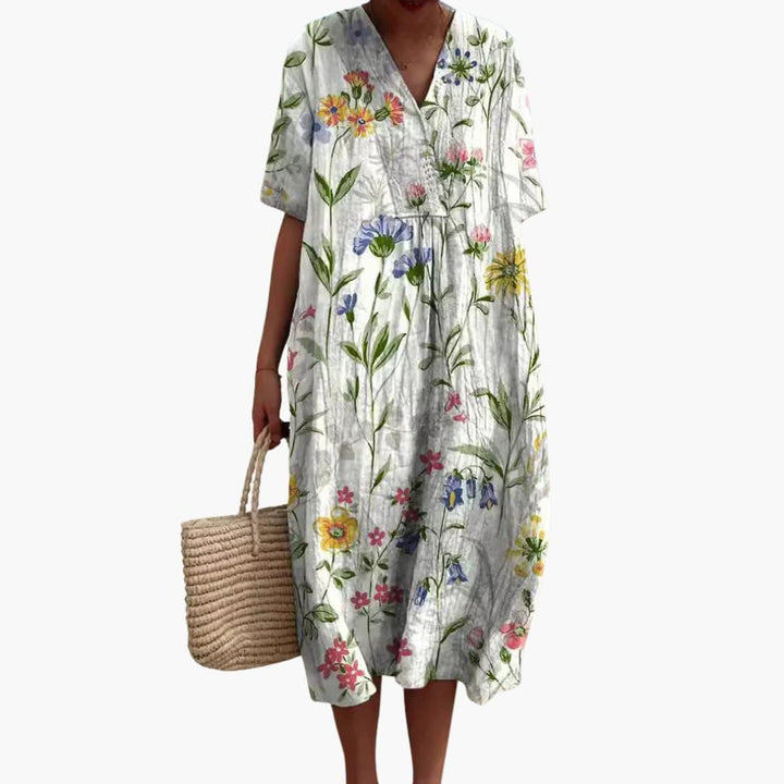 Floral Midi Party Dress with V-Neck and Short Sleeves