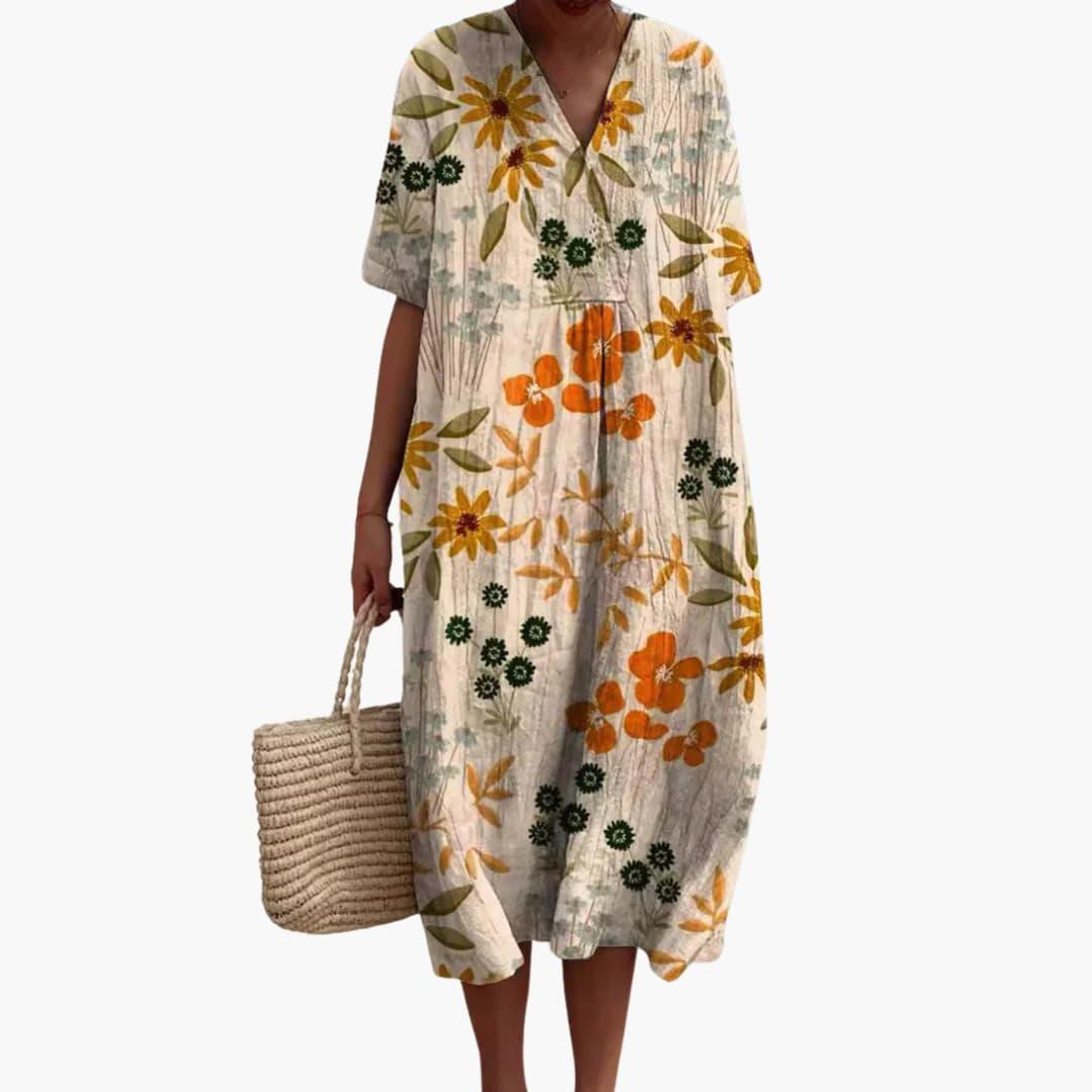 Floral Midi Party Dress with V-Neck and Short Sleeves