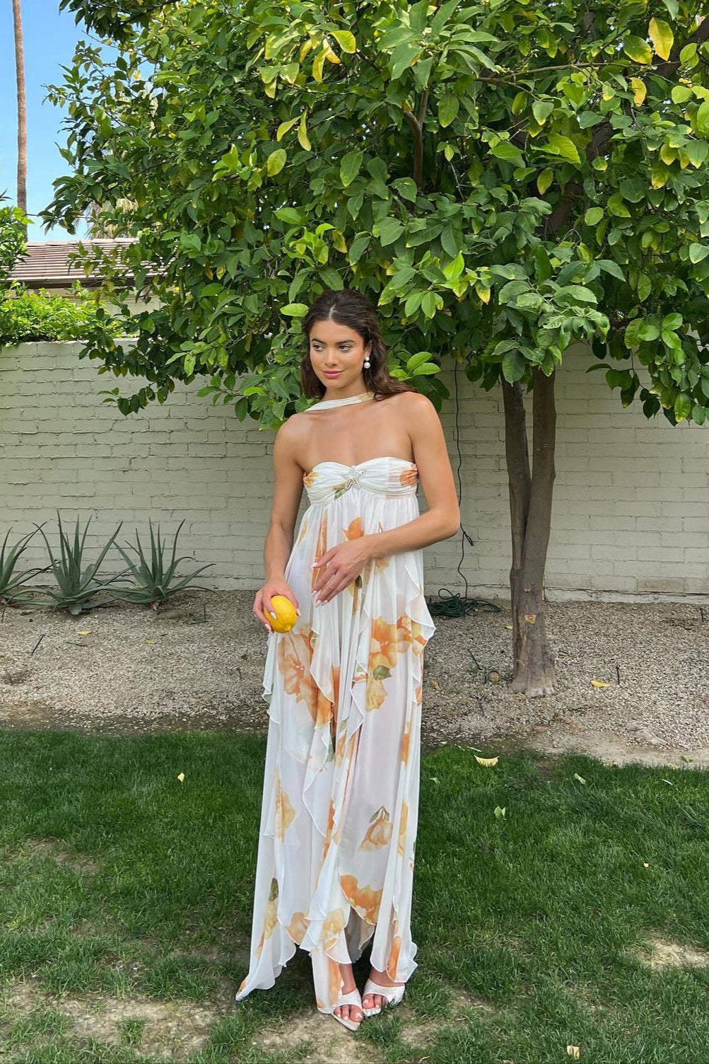 Floral Open-Back Slit Maxi Dress with Halter Neckline