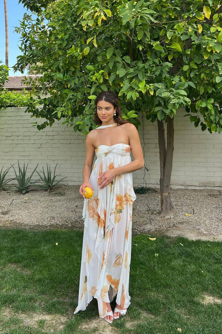 Floral Open-Back Slit Maxi Dress with Halter Neckline