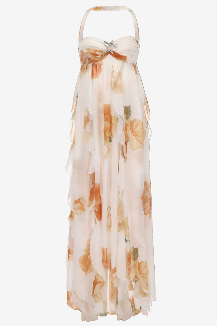 Floral Open-Back Slit Maxi Dress with Halter Neckline