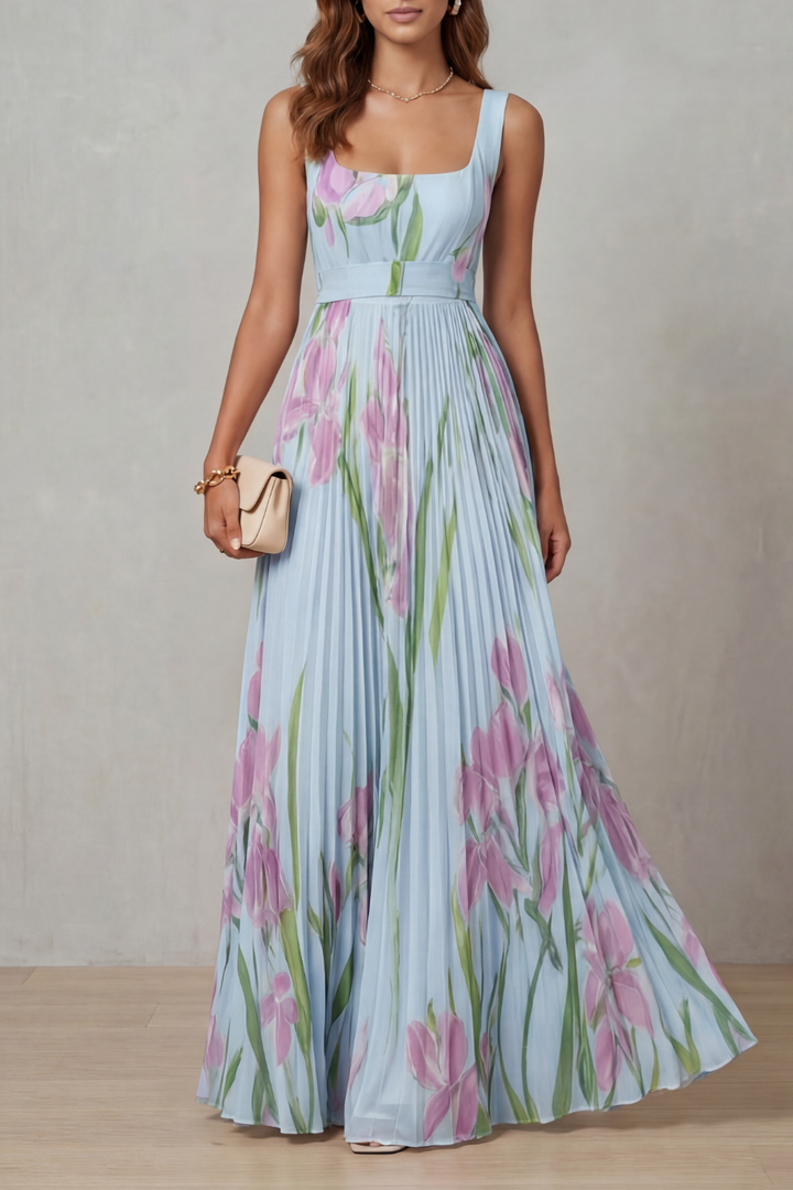 Floral Pleated Maxi Wedding Guest Dress with Square Neck