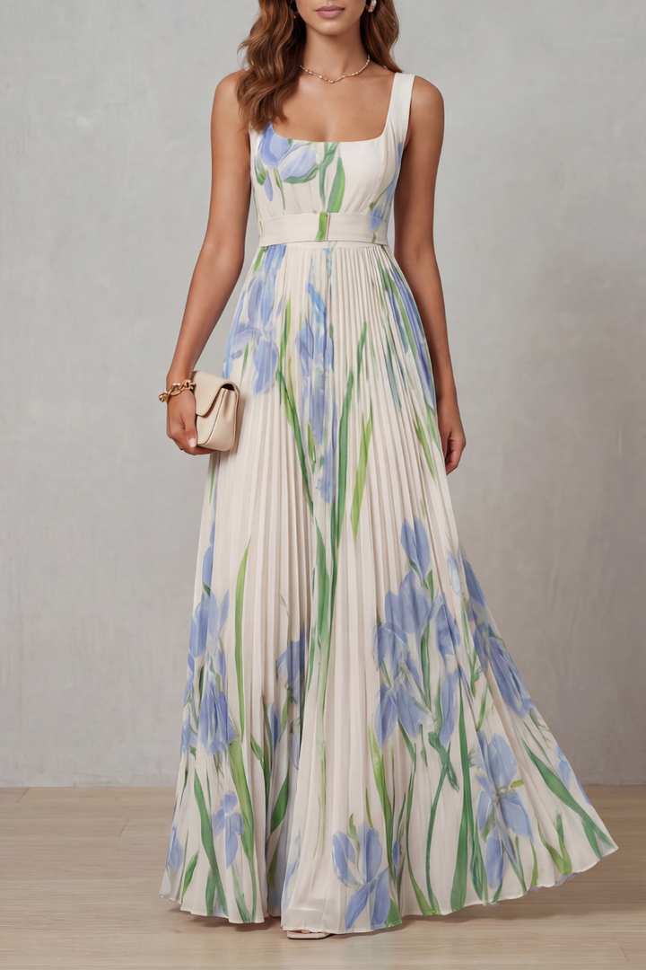 Floral Pleated Maxi Wedding Guest Dress with Square Neck