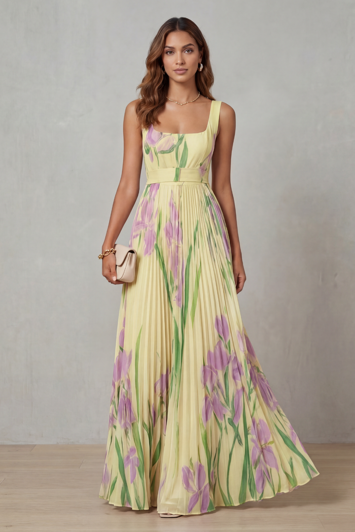 Floral Pleated Maxi Wedding Guest Dress with Square Neck