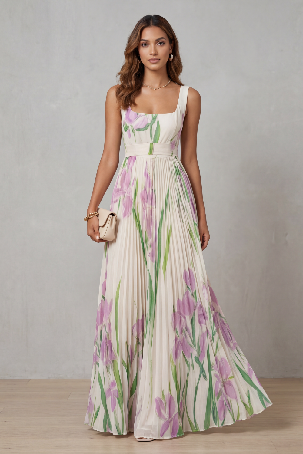 Floral Pleated Maxi Wedding Guest Dress with Square Neck