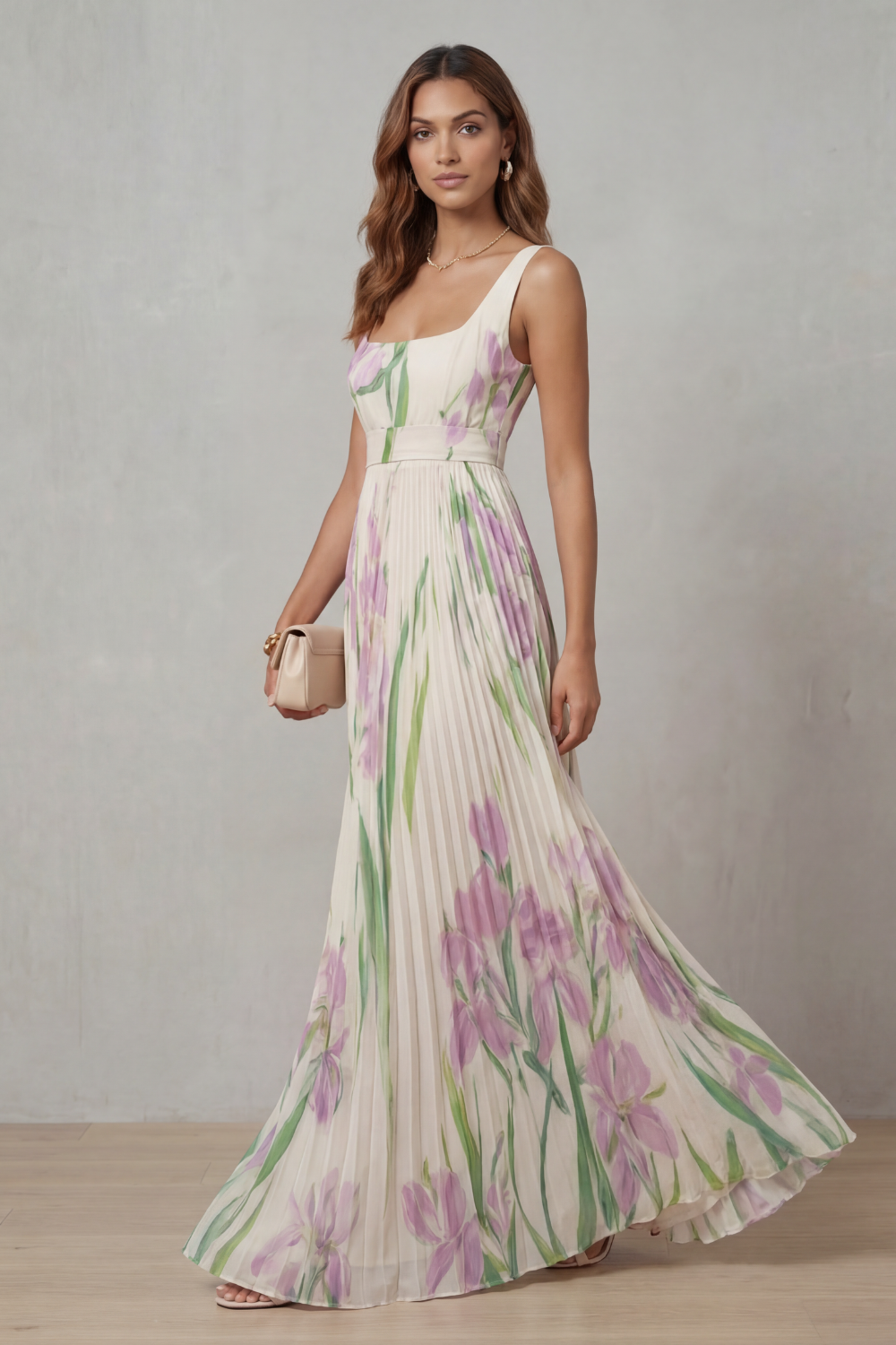 Floral Pleated Maxi Wedding Guest Dress with Square Neck