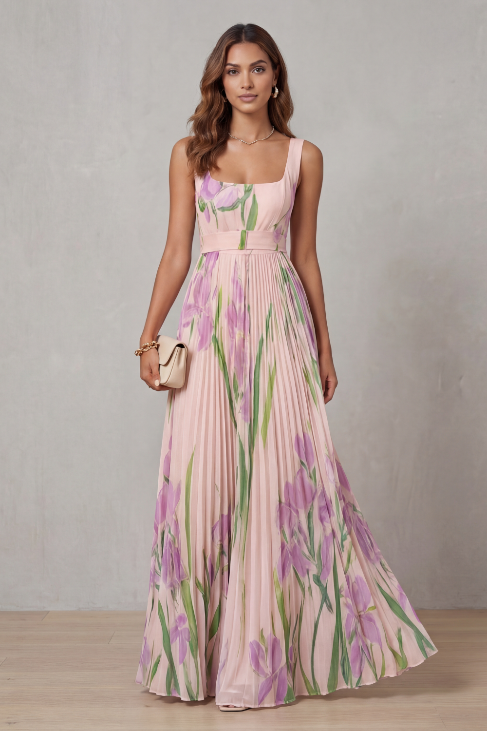 Floral Pleated Maxi Wedding Guest Dress with Square Neck
