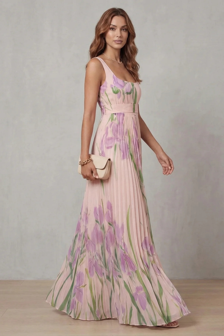 Floral Pleated Maxi Wedding Guest Dress with Square Neck