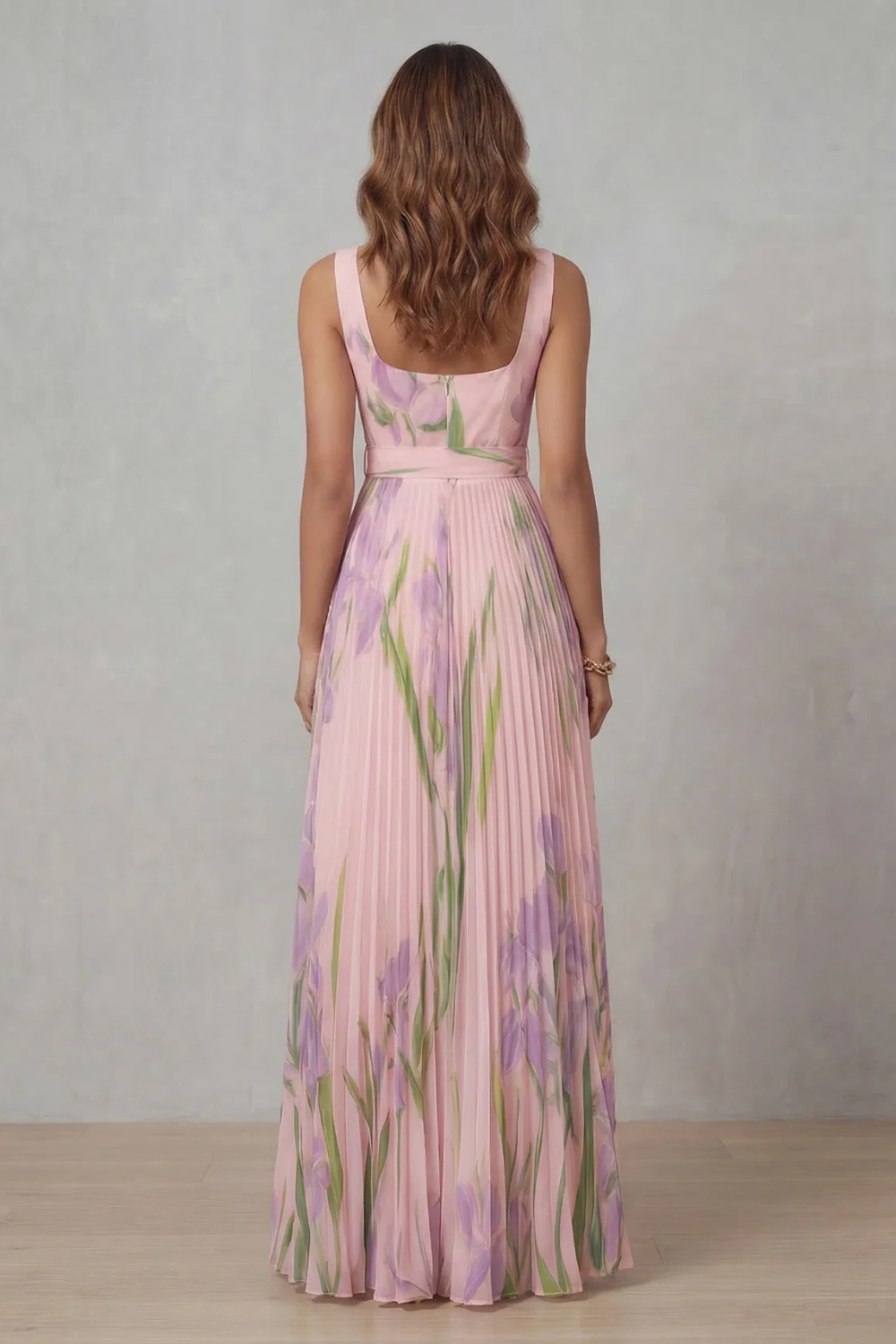 Floral Pleated Maxi Wedding Guest Dress with Square Neck