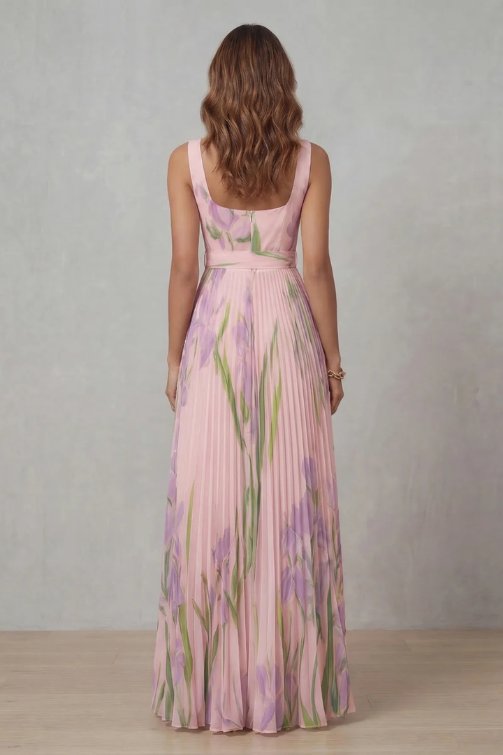 Floral Pleated Maxi Wedding Guest Dress with Square Neck