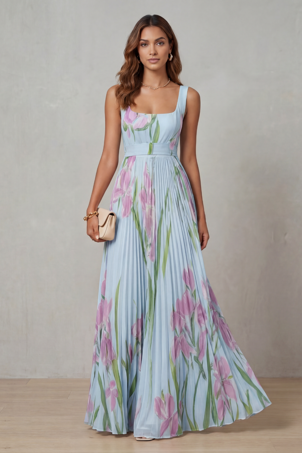 Floral Pleated Maxi Wedding Guest Dress with Square Neck
