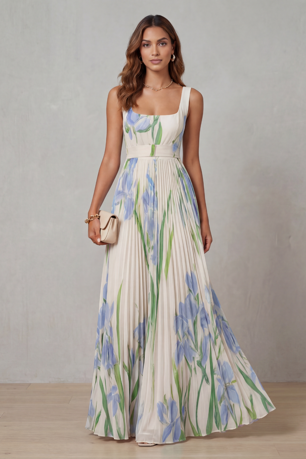 Floral Pleated Maxi Wedding Guest Dress with Square Neck