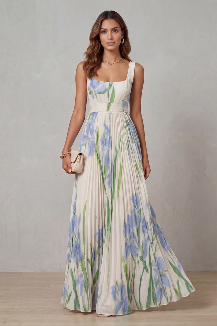 Floral Pleated Maxi Wedding Guest Dress with Square Neck
