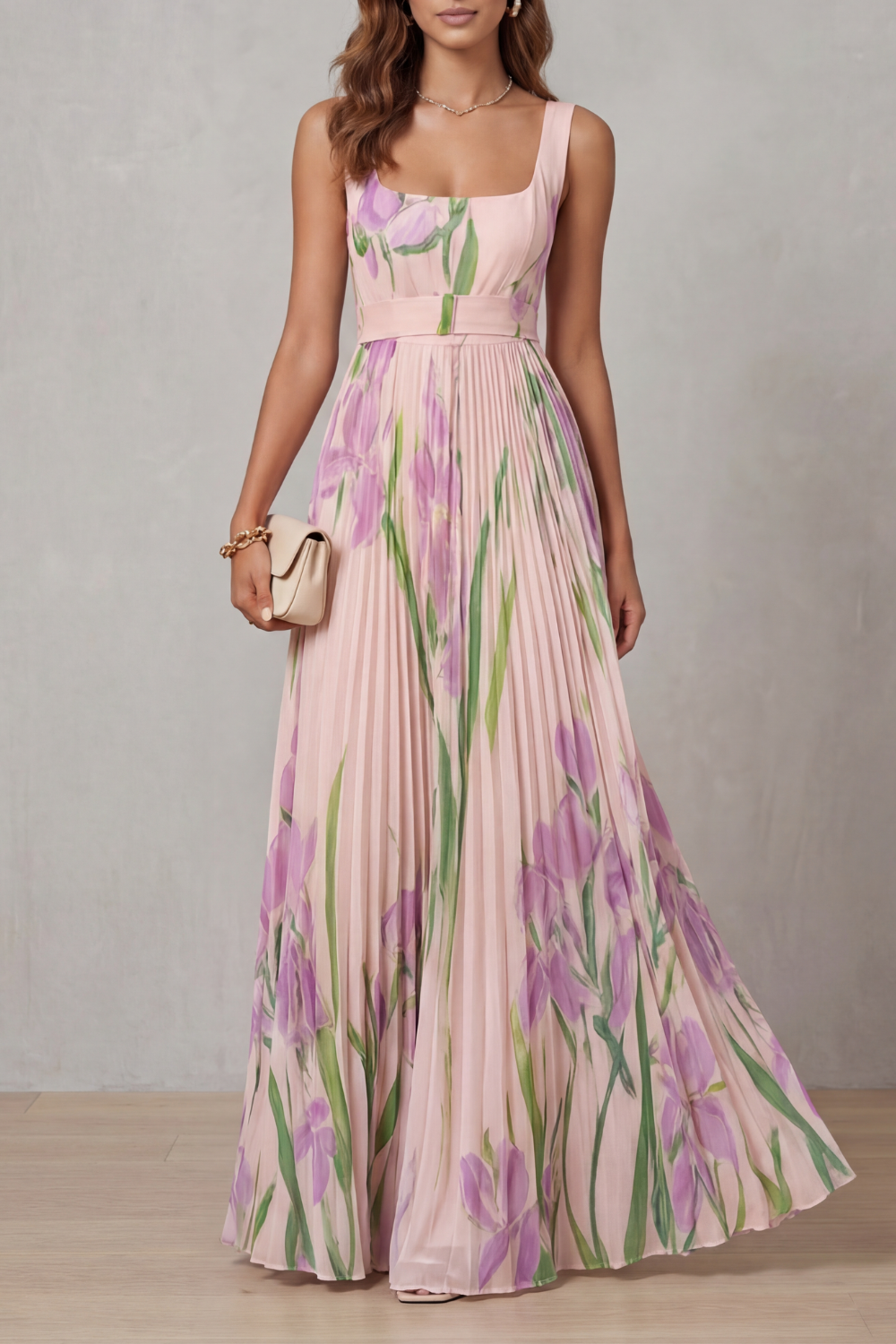 Floral Pleated Maxi Wedding Guest Dress with Square Neck