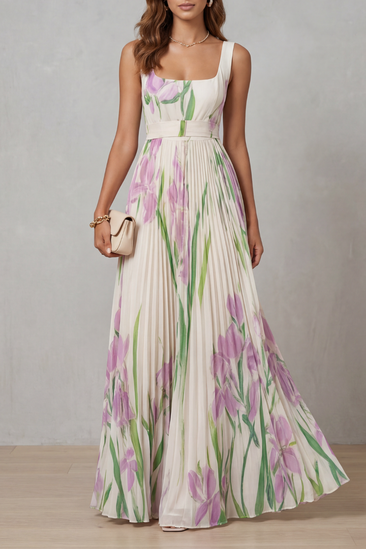 Floral Pleated Maxi Wedding Guest Dress with Square Neck