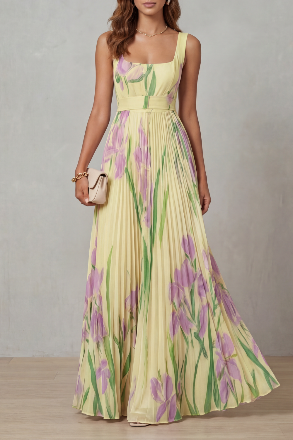Floral Pleated Maxi Wedding Guest Dress with Square Neck
