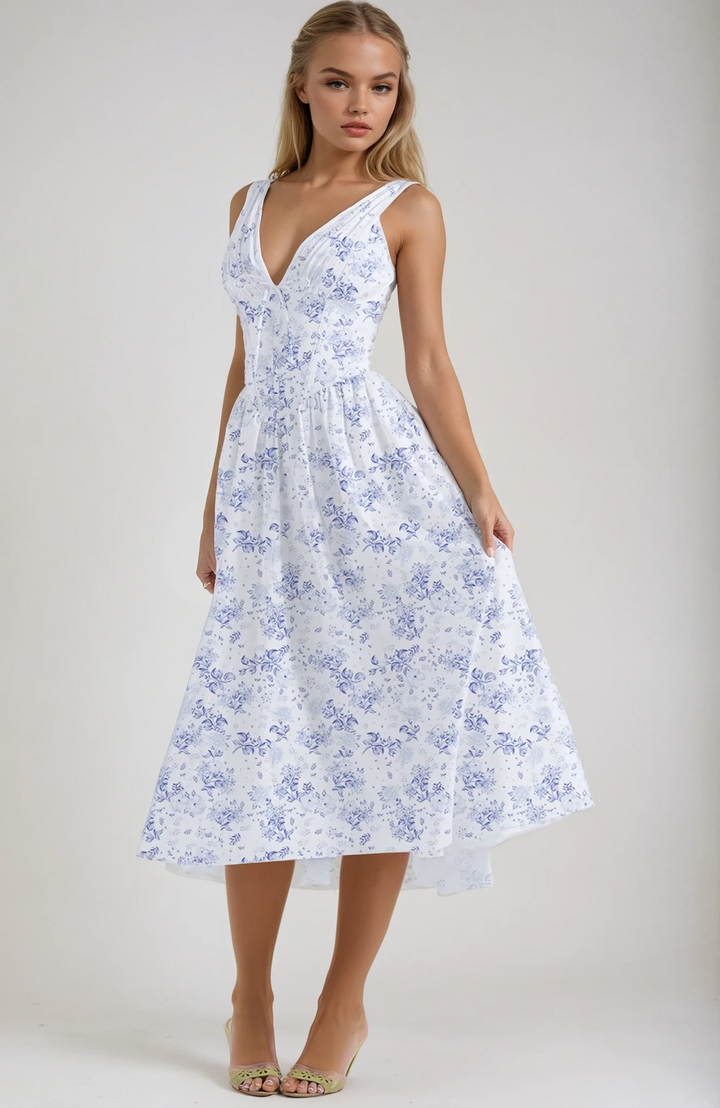 Floral Ruched Midi Dress with V-Neck