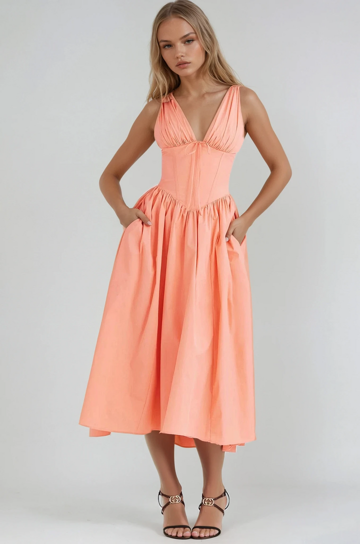 Floral Ruched Midi Dress with V-Neck