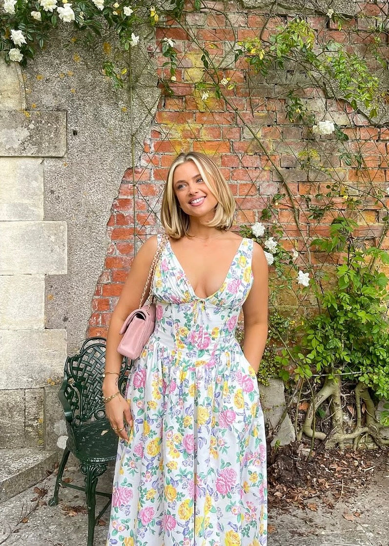 Floral Ruched Midi Dress with V-Neck