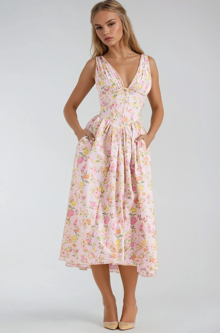 Floral Ruched Midi Dress with V-Neck