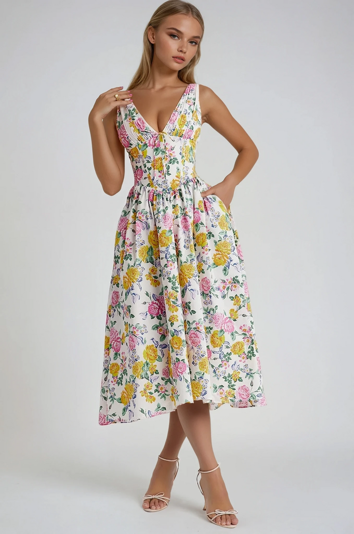 Floral Ruched Midi Dress with V-Neck