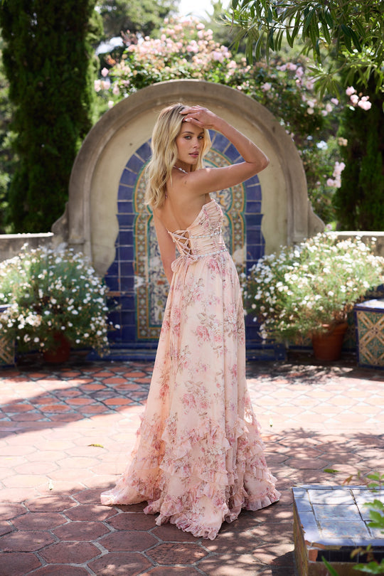 Floral Ruffle Slit Maxi Dress with V-Neck and Spaghetti Straps