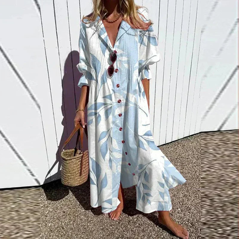 Floral Slit Maxi Dress with V-Neck and Long Sleeves