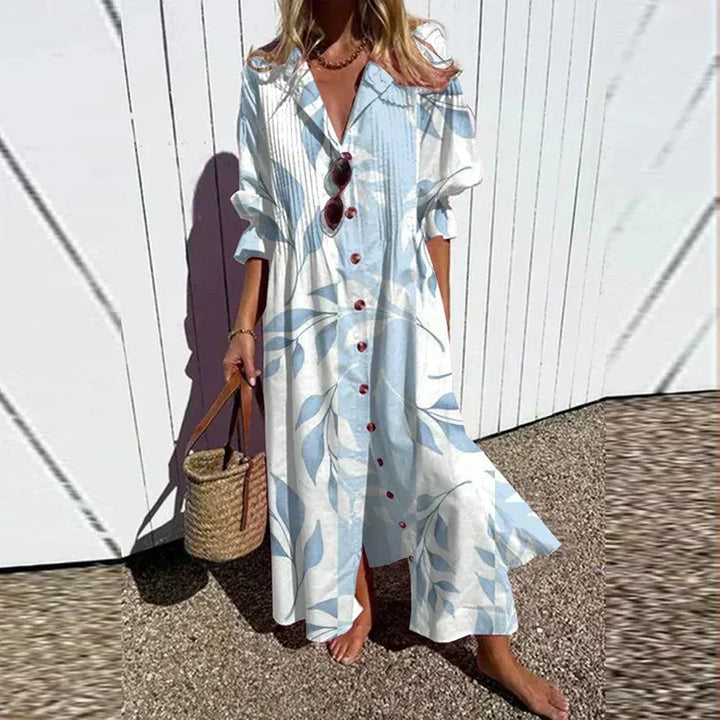 Floral Slit Maxi Dress with V-Neck and Long Sleeves
