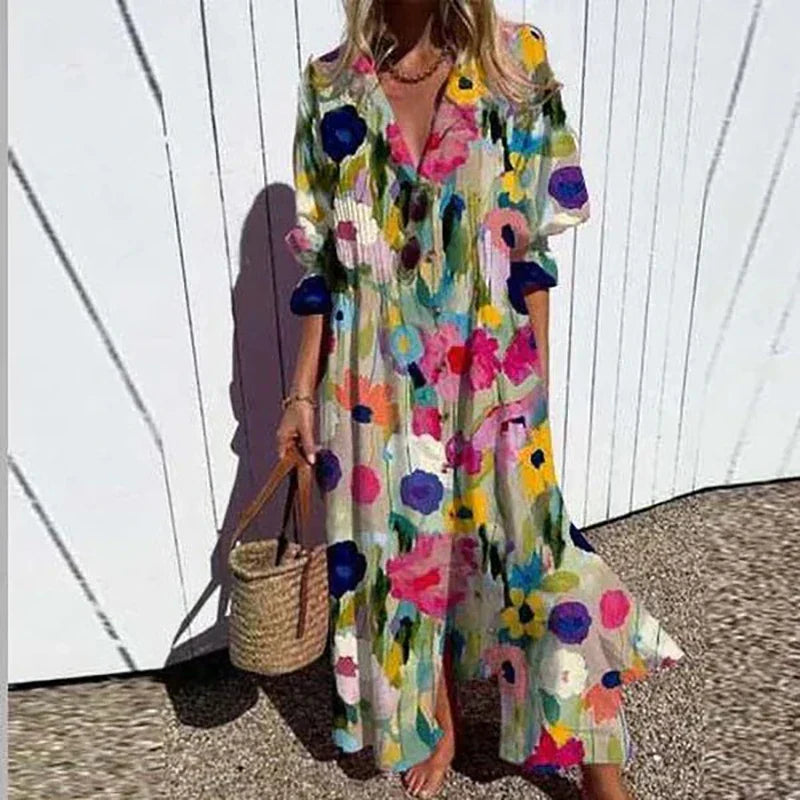 Floral Slit Maxi Dress with V-Neck and Long Sleeves