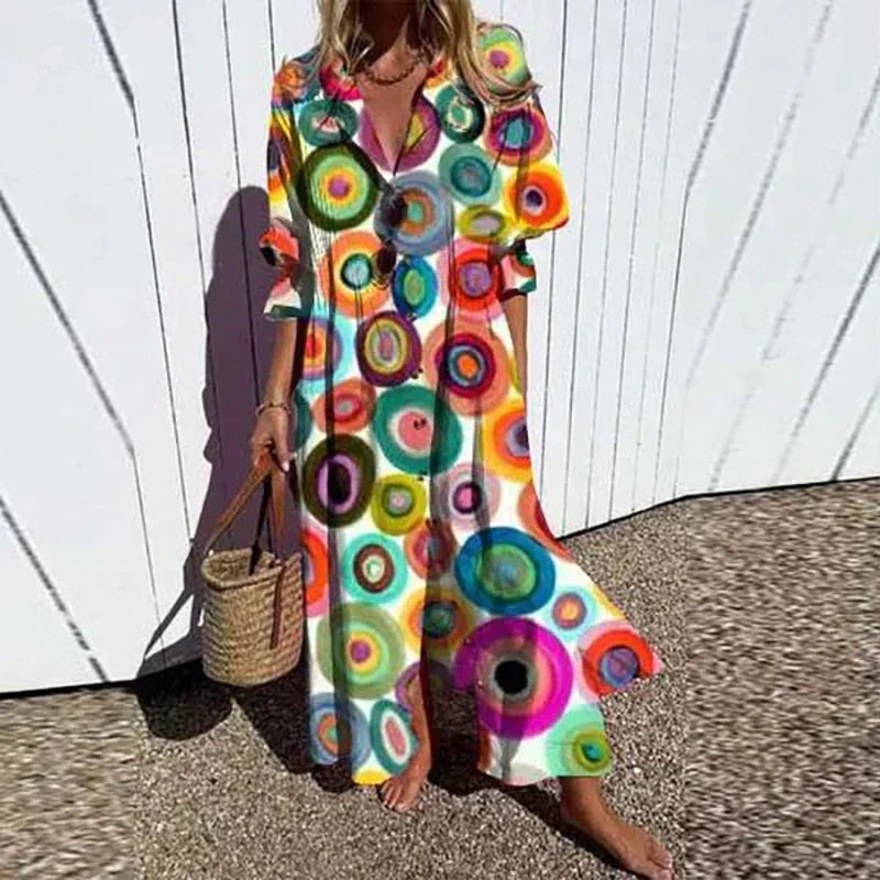 Floral Slit Maxi Dress with V-Neck and Long Sleeves