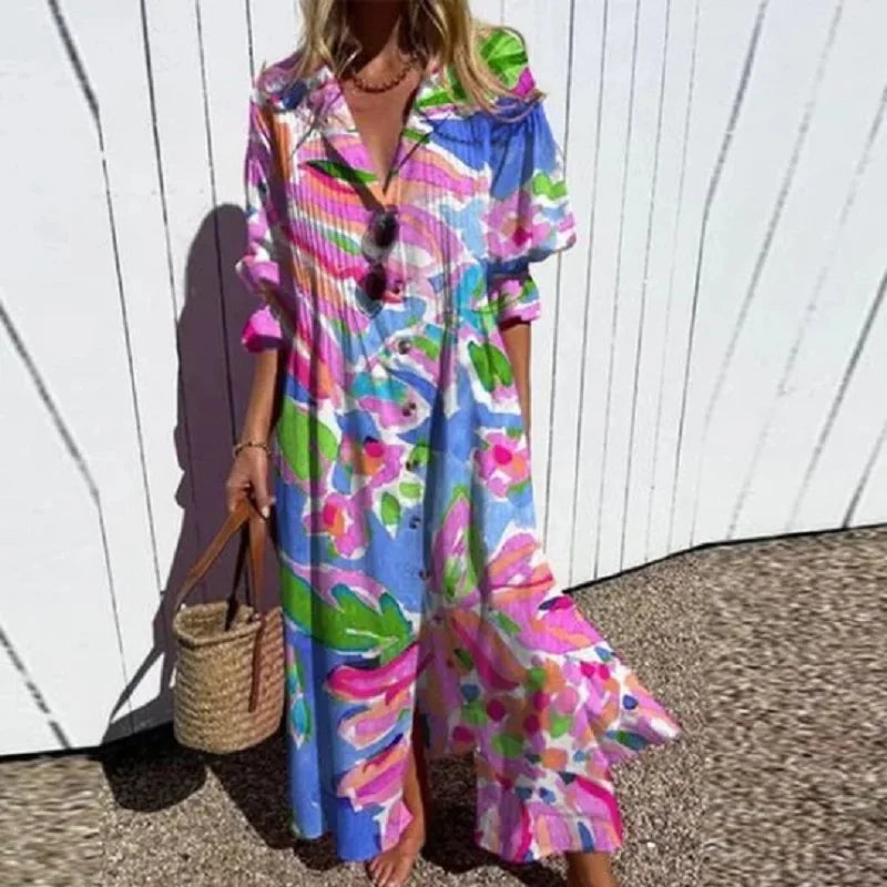 Floral Slit Maxi Dress with V-Neck and Long Sleeves