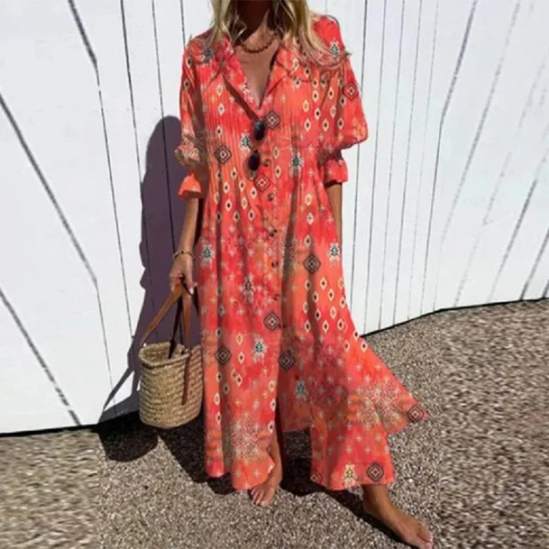 Floral Slit Maxi Dress with V-Neck and Long Sleeves