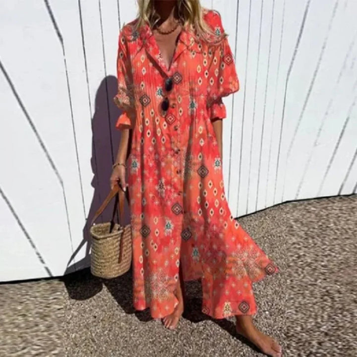 Floral Slit Maxi Dress with V-Neck and Long Sleeves