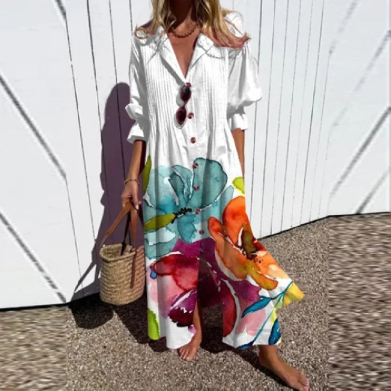 Floral Slit Maxi Dress with V-Neck and Long Sleeves