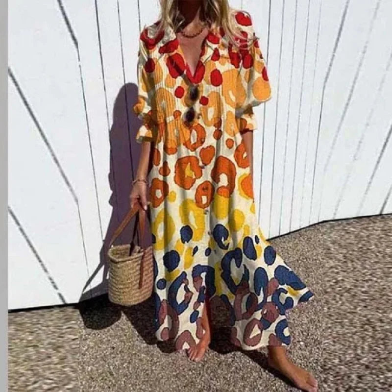 Floral Slit Maxi Dress with V-Neck and Long Sleeves