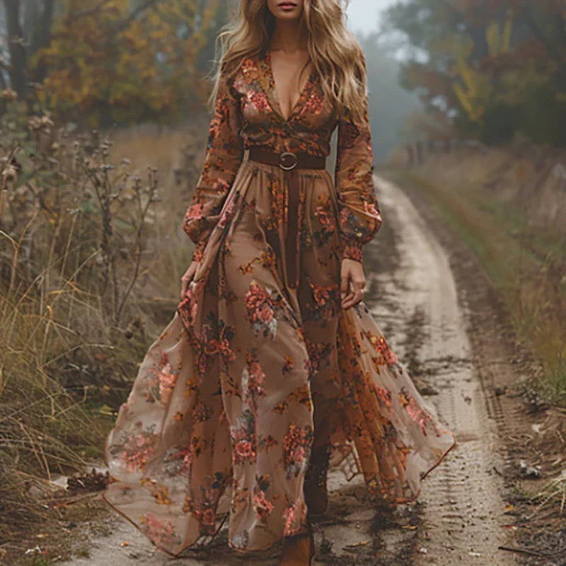 Floral Tiered Ruffle Belted Maxi Dress with V-Neck