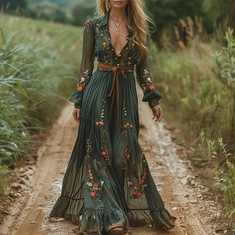 Floral Tiered Ruffle Belted Maxi Dress with V-Neck