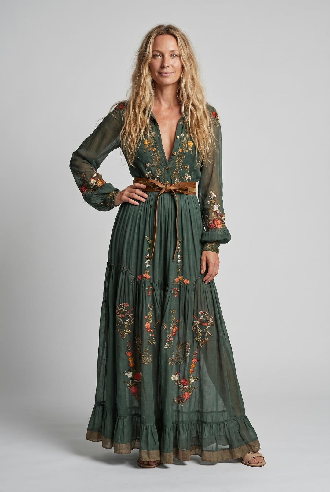 Floral Tiered Ruffle Belted Maxi Dress with V-Neck