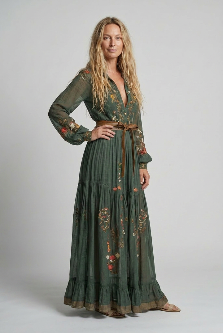 Floral Tiered Ruffle Belted Maxi Dress with V-Neck