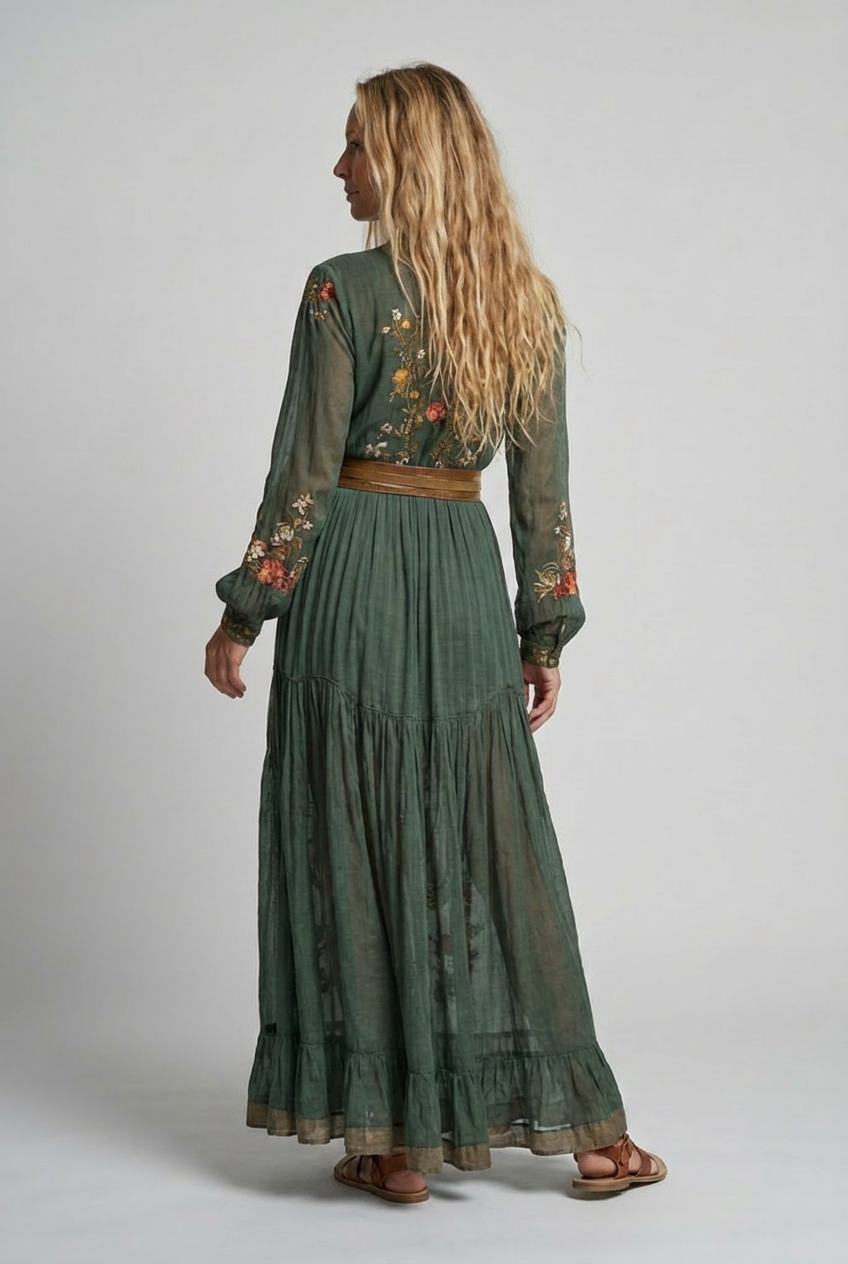 Floral Tiered Ruffle Belted Maxi Dress with V-Neck