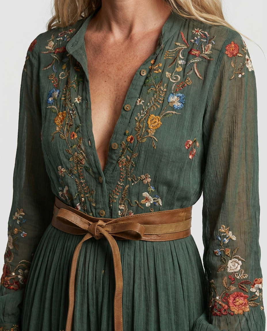 Floral Tiered Ruffle Belted Maxi Dress with V-Neck