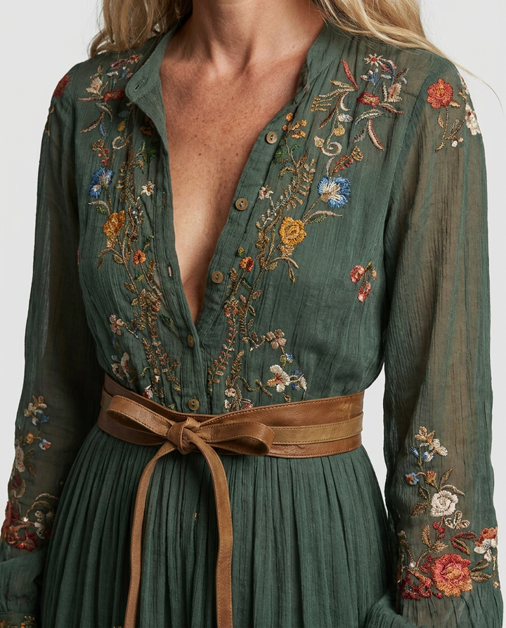 Floral Tiered Ruffle Belted Maxi Dress with V-Neck
