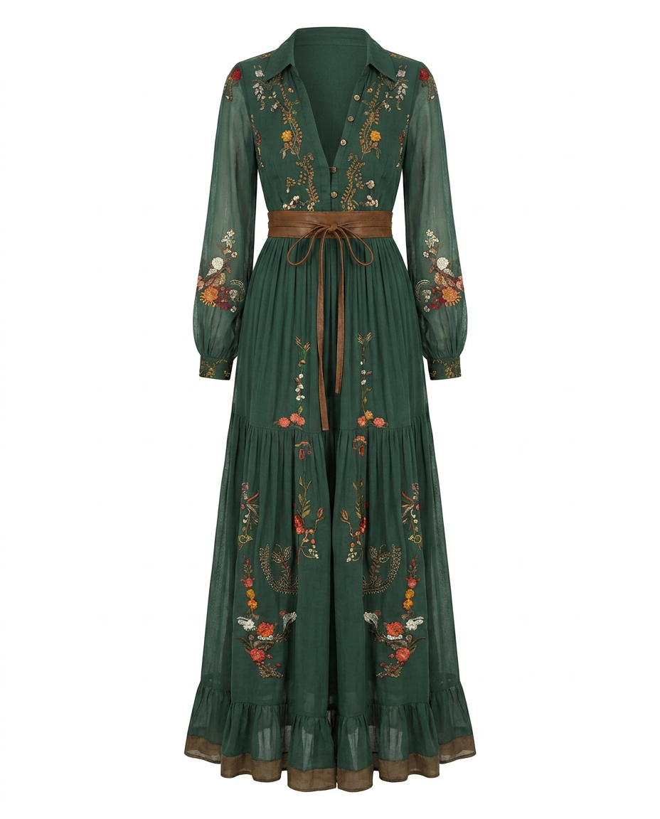 Floral Tiered Ruffle Belted Maxi Dress with V-Neck