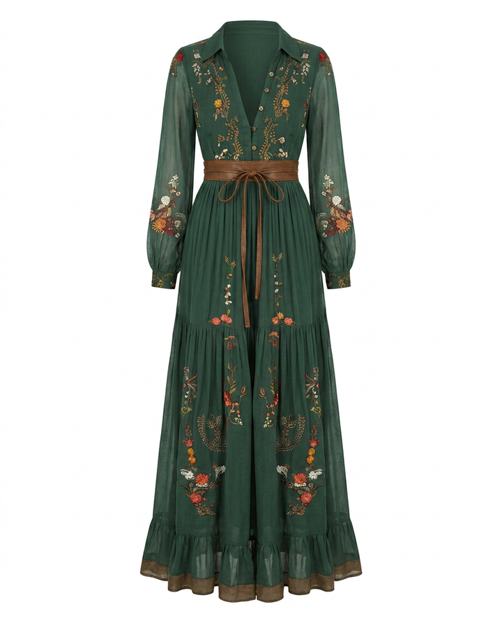 Floral Tiered Ruffle Belted Maxi Dress with V-Neck
