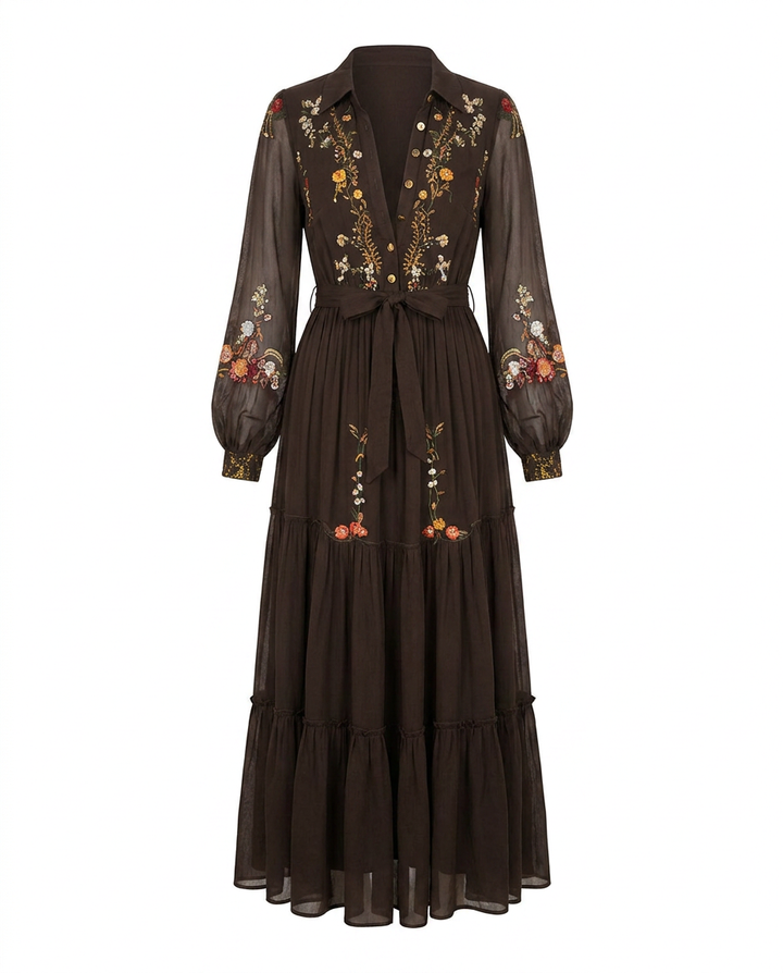 Floral Tiered Ruffle Belted Maxi Dress with V-Neck