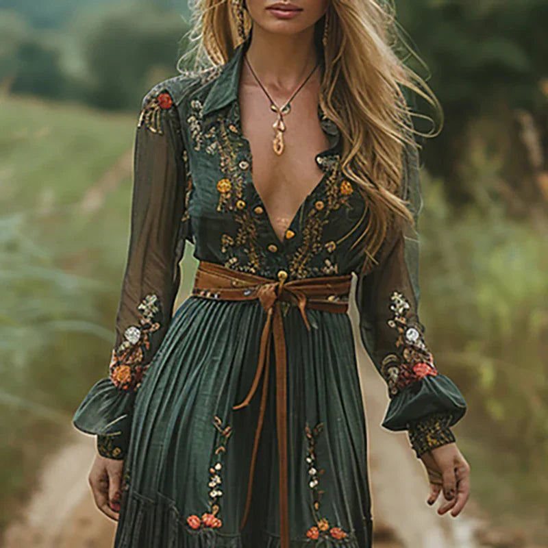 Floral Tiered Ruffle Belted Maxi Dress with V-Neck