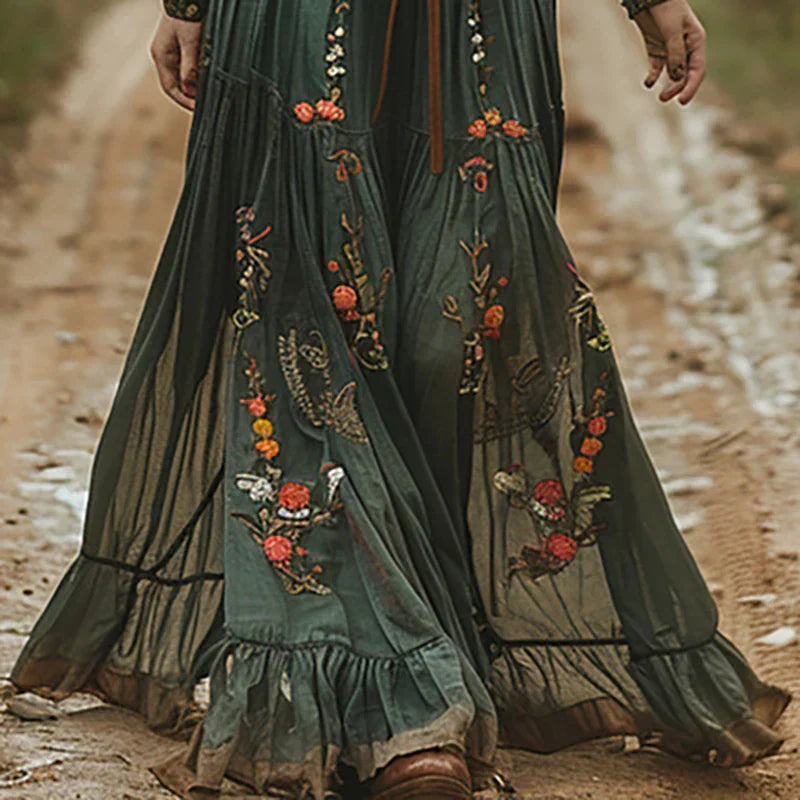 Floral Tiered Ruffle Belted Maxi Dress with V-Neck
