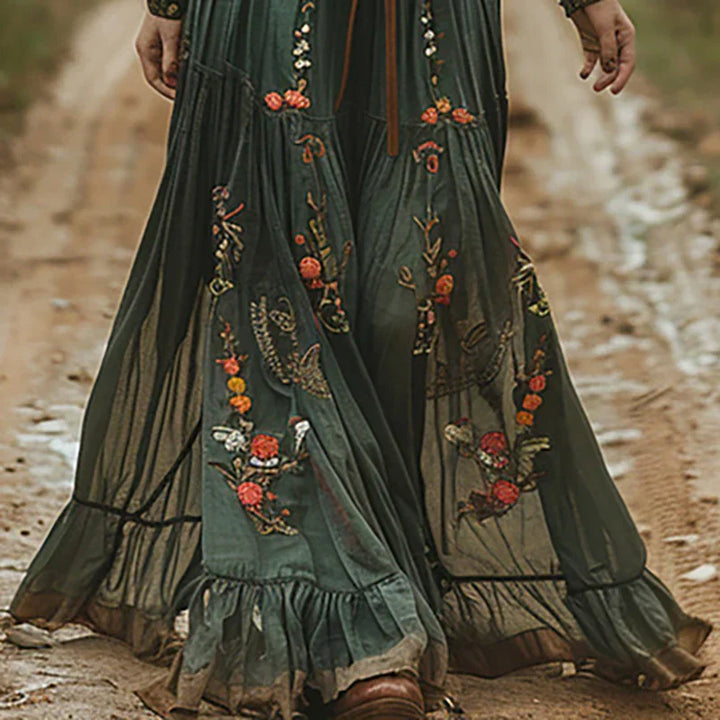 Floral Tiered Ruffle Belted Maxi Dress with V-Neck